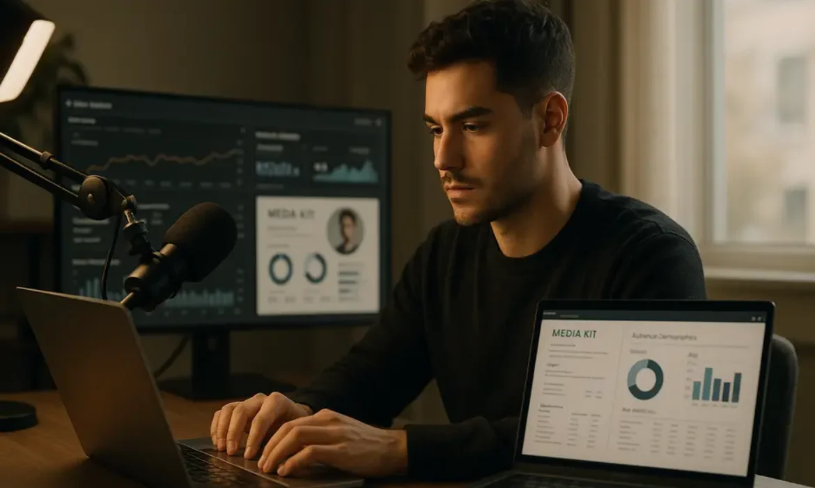 Young content creator in stylish studio reviewing analytics and brand emails on laptop.