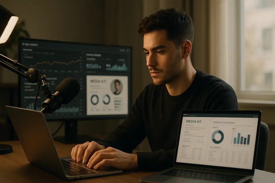Young content creator in stylish studio reviewing analytics and brand emails on laptop.
