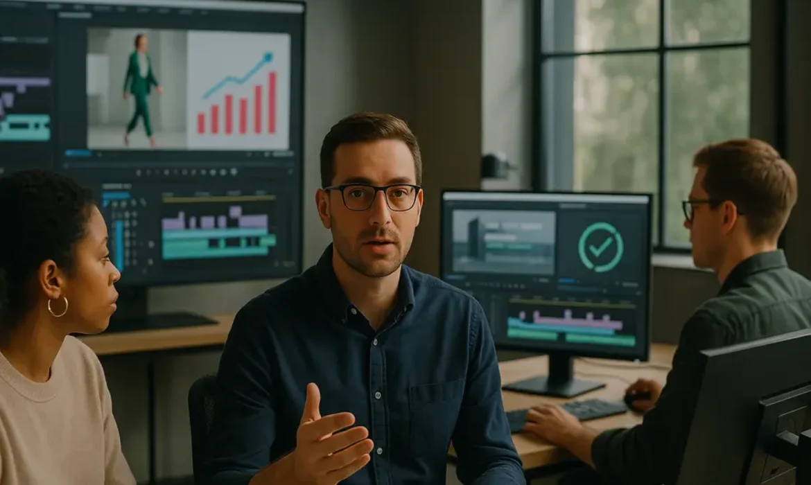 Modern marketing agency team collaborating on video editing with multiple screens and remote briefing