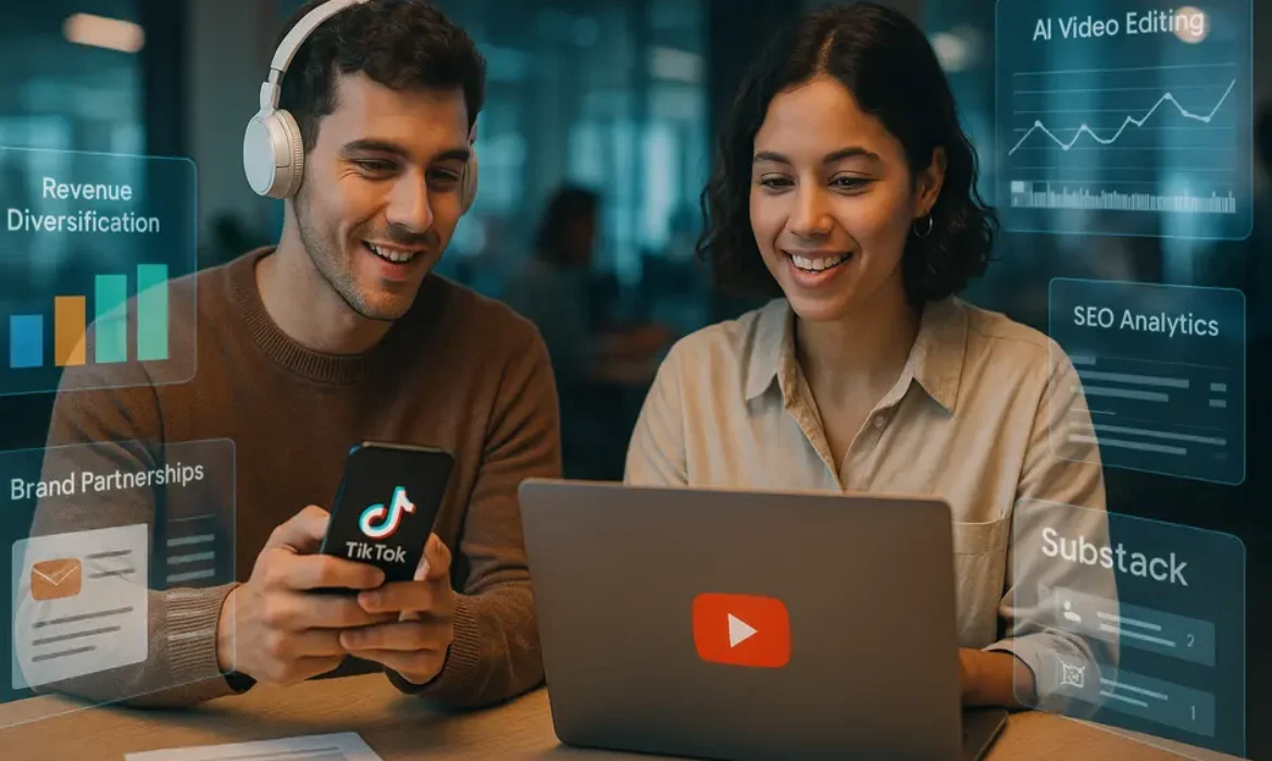 Diverse content creators collaborate using futuristic devices and AI tools across platforms in 2026.