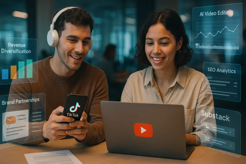 Diverse content creators collaborate using futuristic devices and AI tools across platforms in 2026.