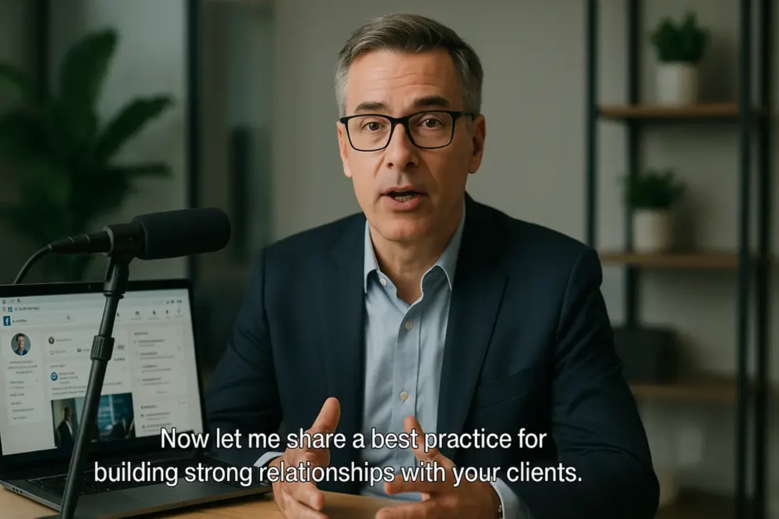 Professional consultant recording LinkedIn video in modern office with clear audio and laptop screen visible