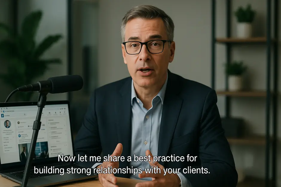 Professional consultant recording LinkedIn video in modern office with clear audio and laptop screen visible