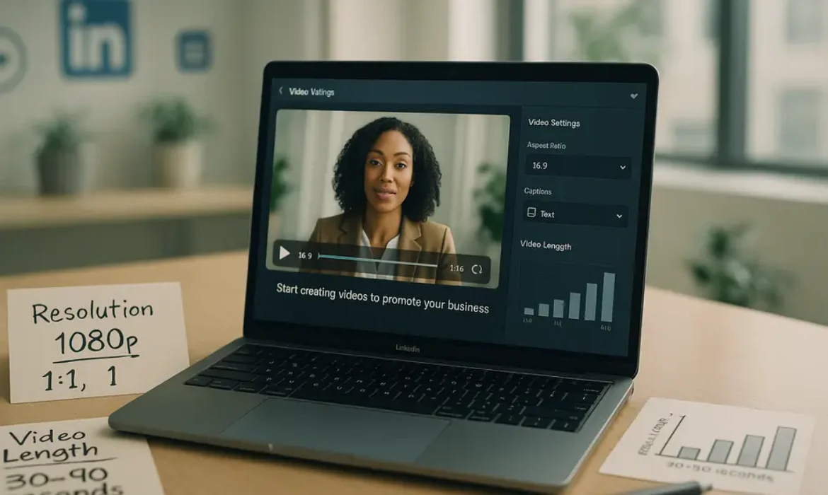 Modern laptop showing LinkedIn video editor with 16:9 preview, captions, specs, and analytics icons
