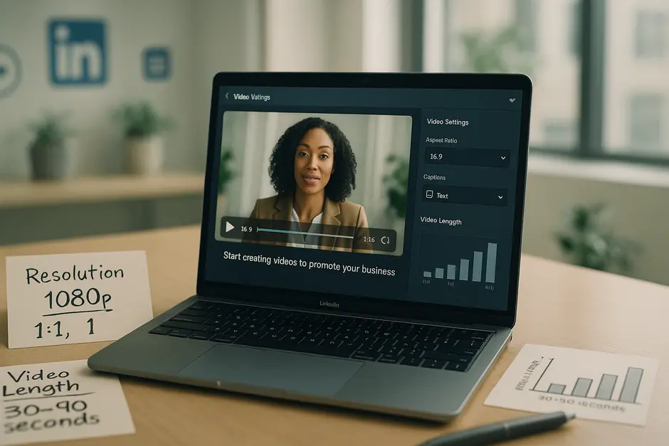 Modern laptop showing LinkedIn video editor with 16:9 preview, captions, specs, and analytics icons