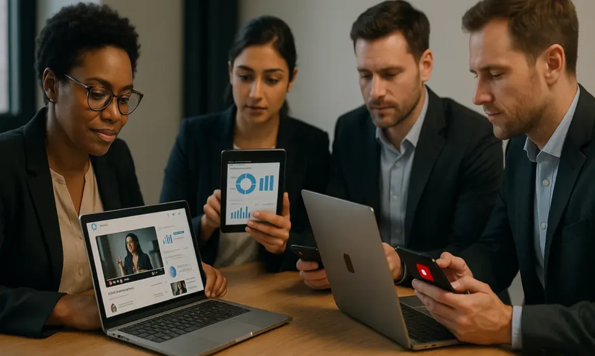 Diverse business team in modern office reviewing video metrics on laptops, tablets, and smartphones.