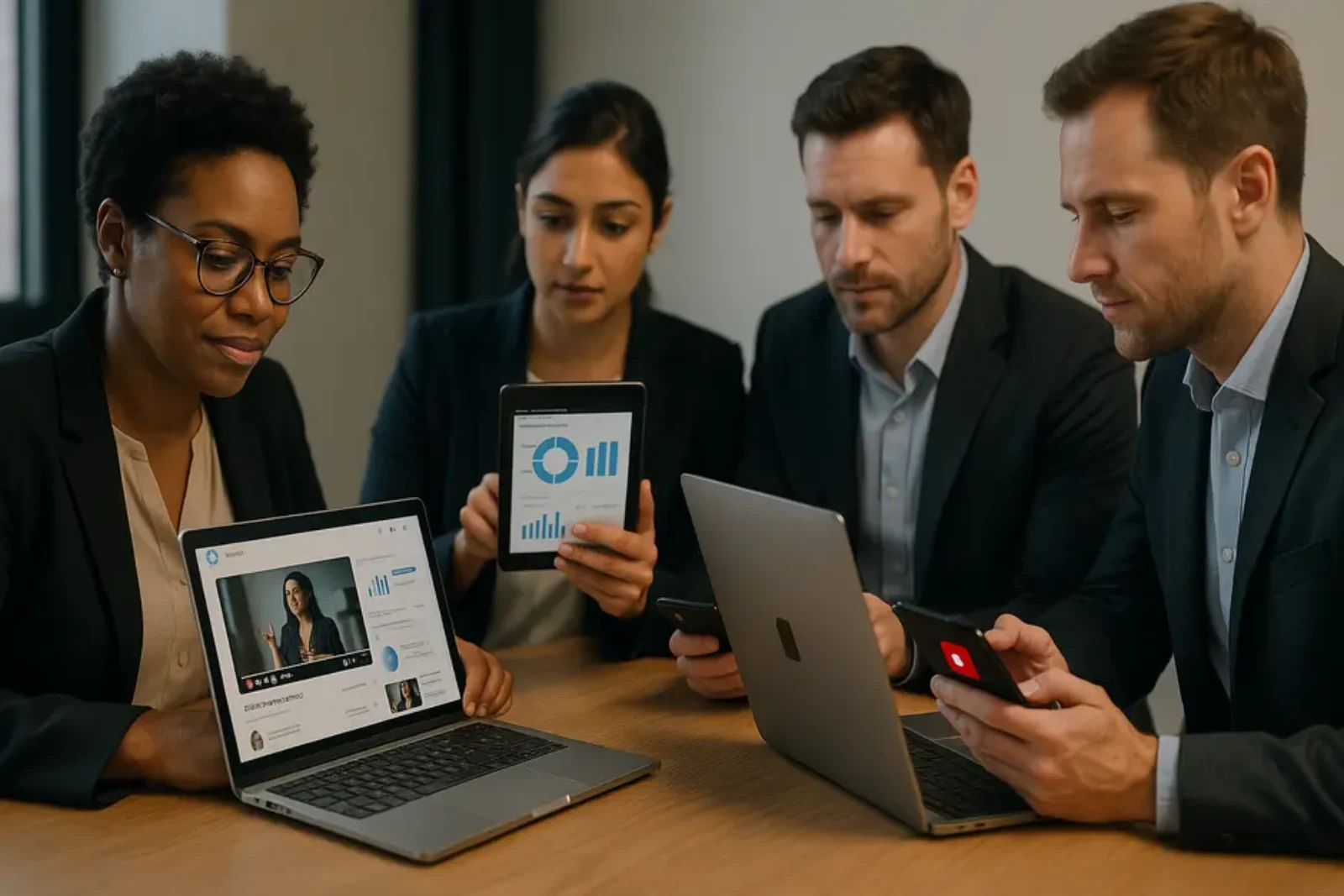 Diverse business team in modern office reviewing video metrics on laptops, tablets, and smartphones.