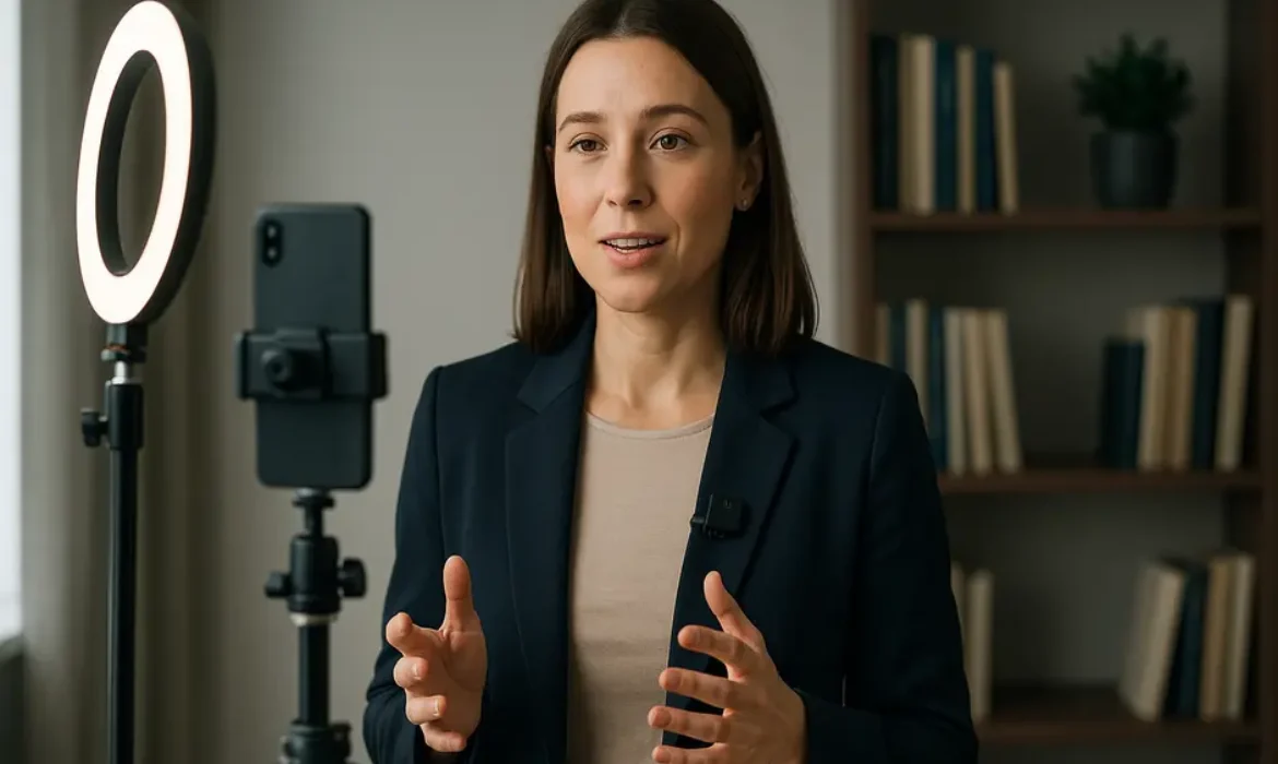 Business presenter on camera with smartphone, ring light, Rode mic, and bookshelf in bright office.