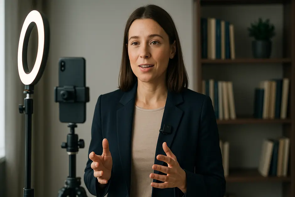 Business presenter on camera with smartphone, ring light, Rode mic, and bookshelf in bright office.