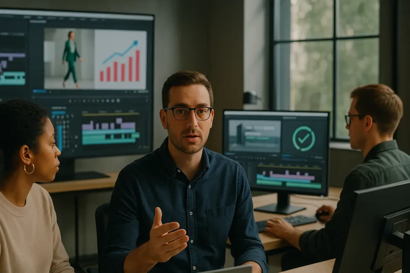 Modern marketing agency team collaborating on video editing with multiple screens and remote briefing