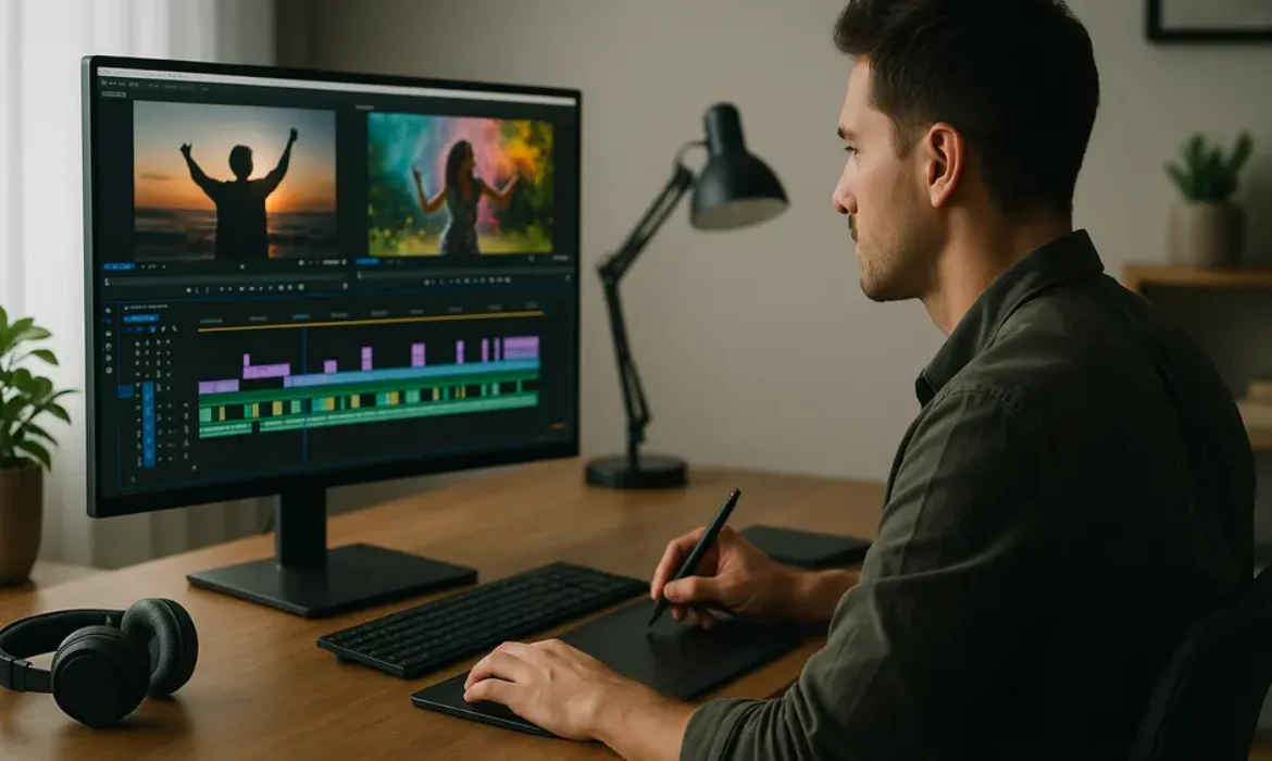 Modern home office with widescreen monitor showing video editing timeline and creative tools nearby
