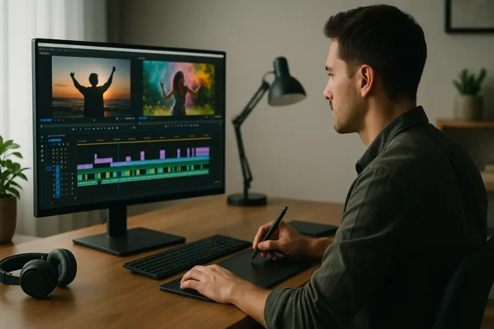 Modern home office with widescreen monitor showing video editing timeline and creative tools nearby