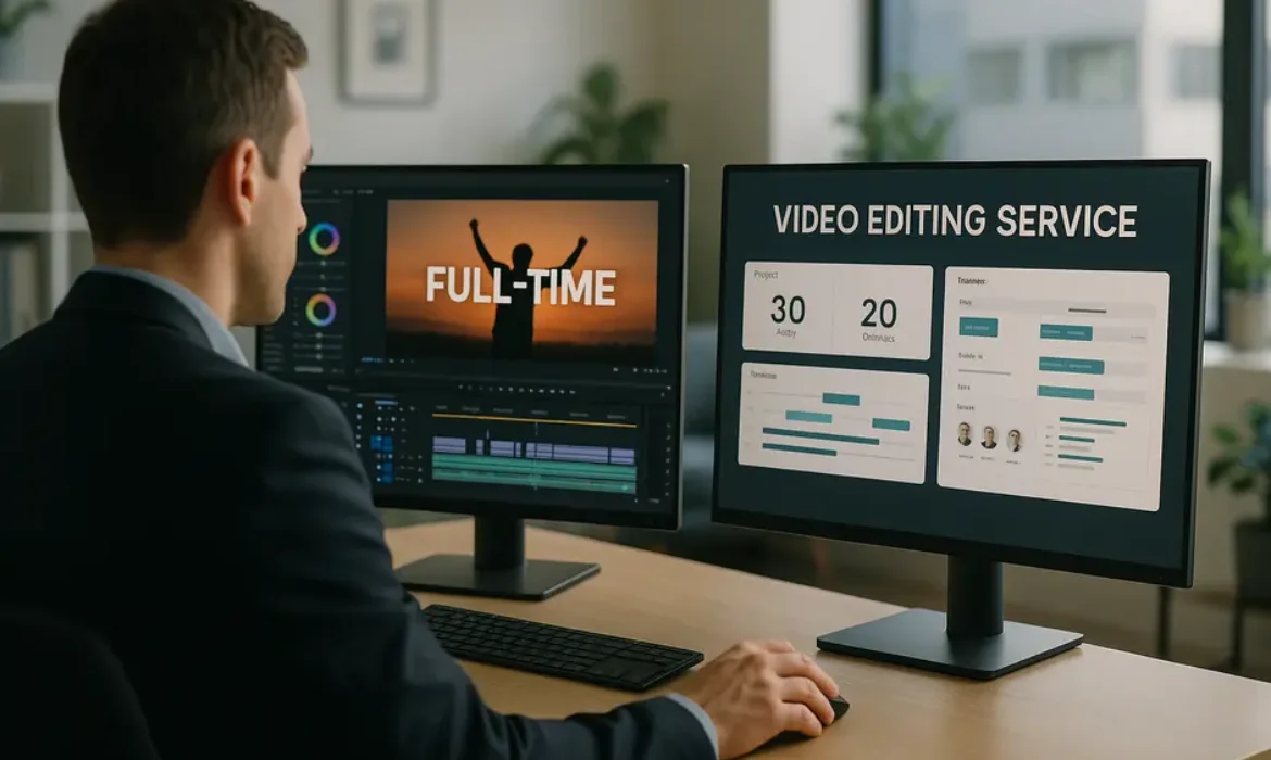 Business professional comparing full-time video editor versus editing service on dual screens at desk