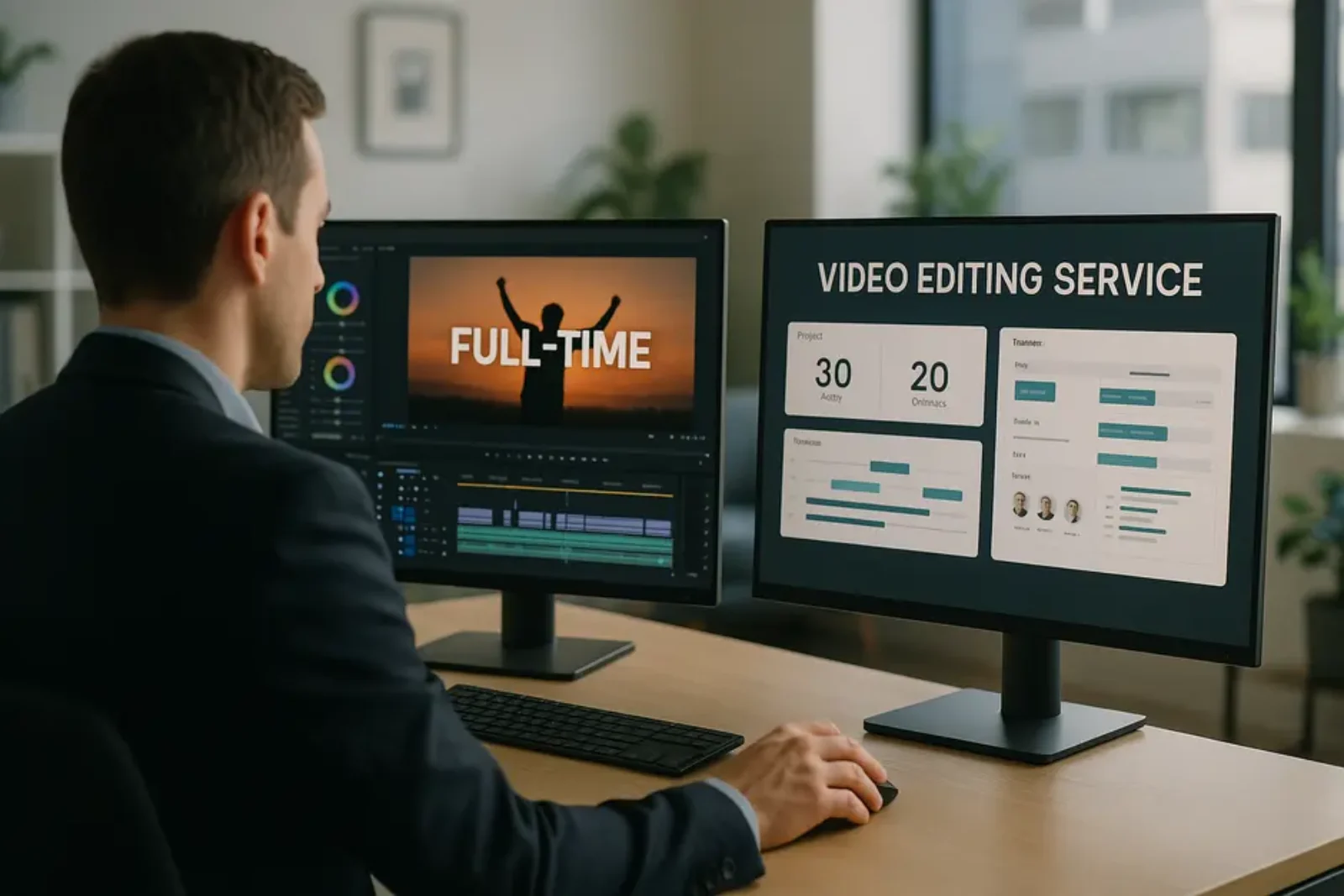 Business professional comparing full-time video editor versus editing service on dual screens at desk