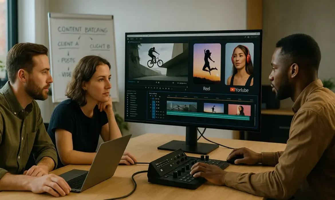 Creative team collaborating on video editing and social media content in a bright modern office.