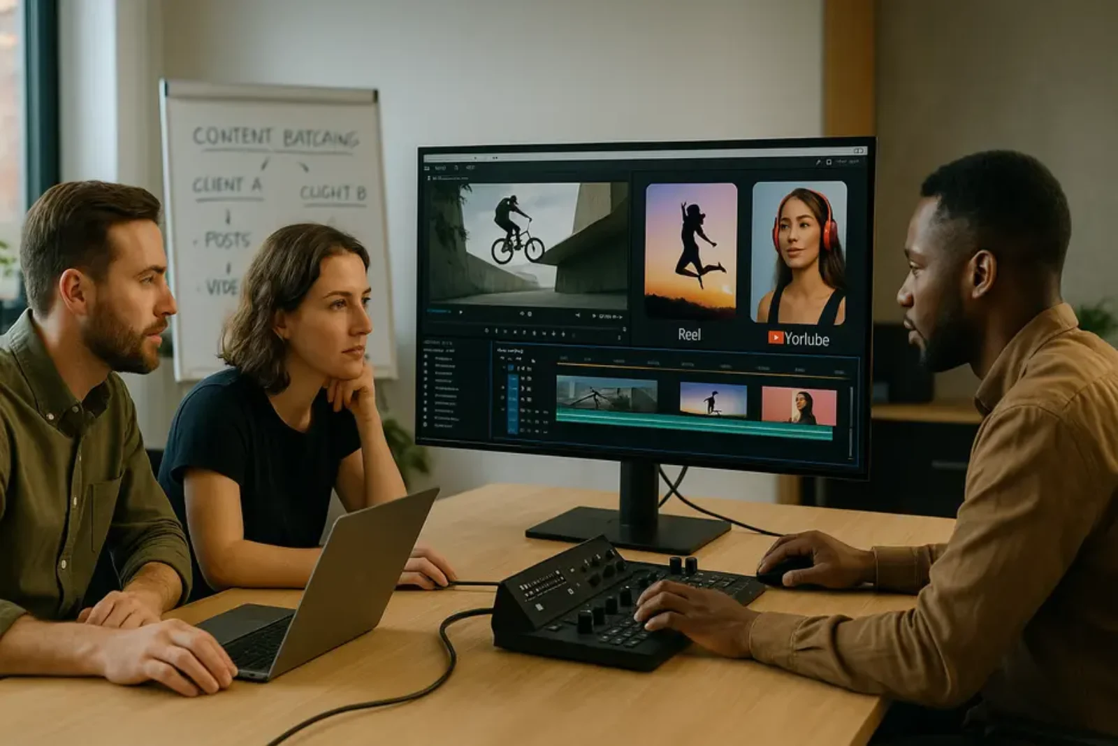 Creative team collaborating on video editing and social media content in a bright modern office.