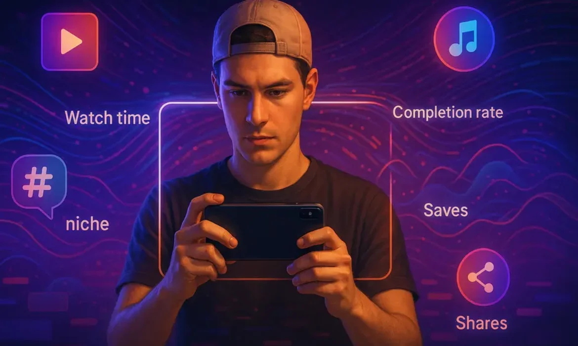 Young content creator surrounded by glowing TikTok metrics and trending icons in neon colors