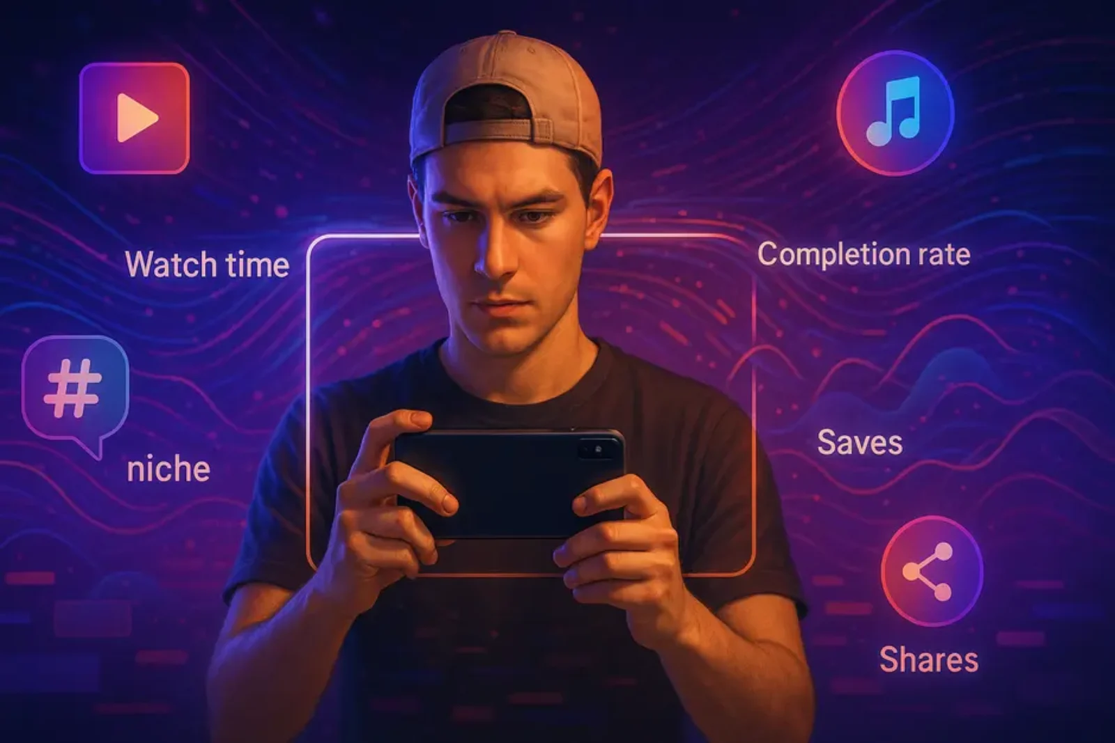 Young content creator surrounded by glowing TikTok metrics and trending icons in neon colors