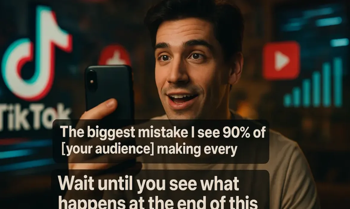 Content creator filming a TikTok with bold hook text and vibrant social media icons in background