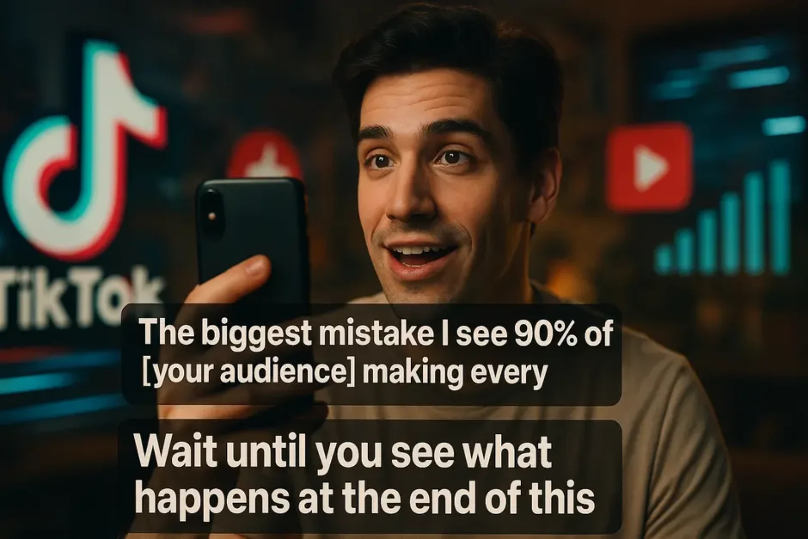 Content creator filming a TikTok with bold hook text and vibrant social media icons in background
