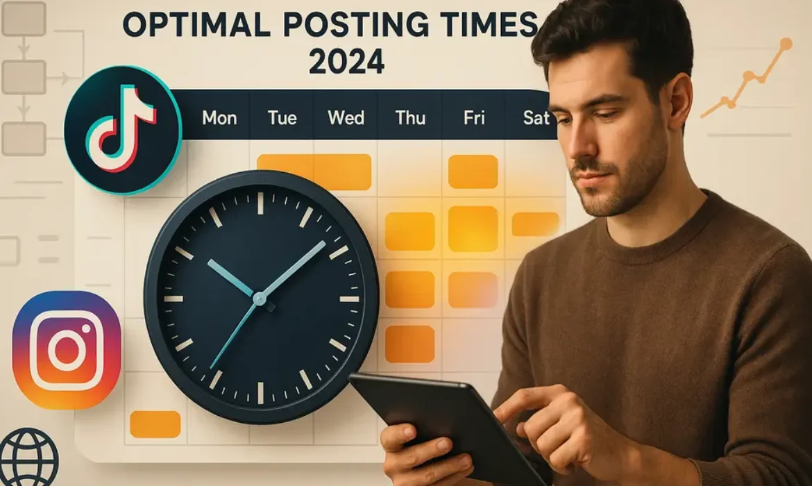 Infographic showing optimal TikTok and Instagram Reels posting times with clocks, analytics, and platform icons.