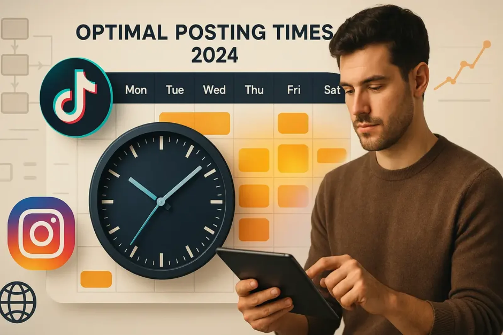 Infographic showing optimal TikTok and Instagram Reels posting times with clocks, analytics, and platform icons.