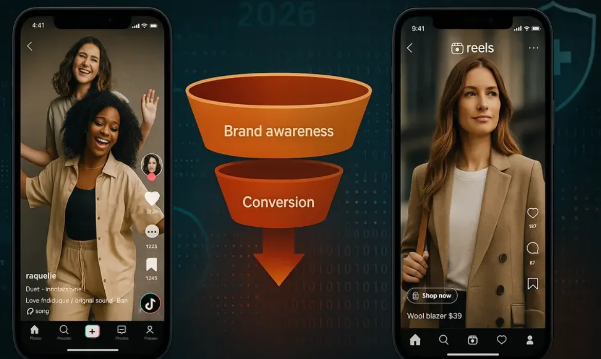 Digital collage showing TikTok creators on left, Instagram Reels shopping on right, with marketing funnel center