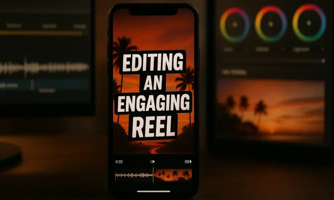 Vertical Instagram Reel editing workspace with smartphone showing animated captions and waveform timeline