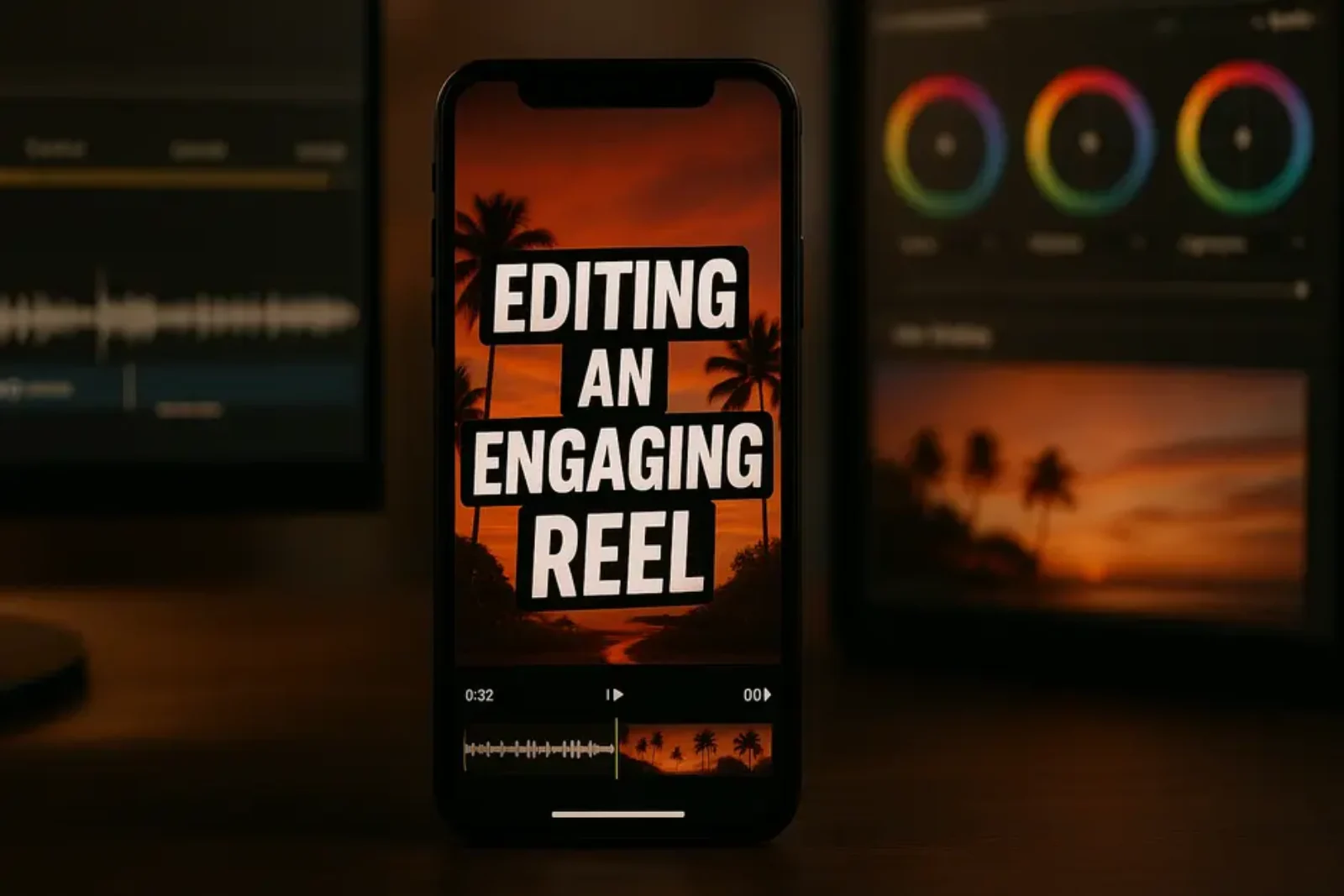Vertical Instagram Reel editing workspace with smartphone showing animated captions and waveform timeline