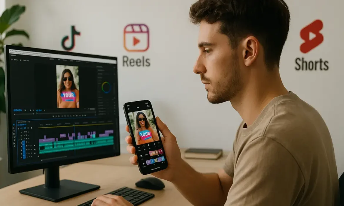 Young creator editing TikTok-style video on smartphone and Adobe Premiere on desktop in bright studio