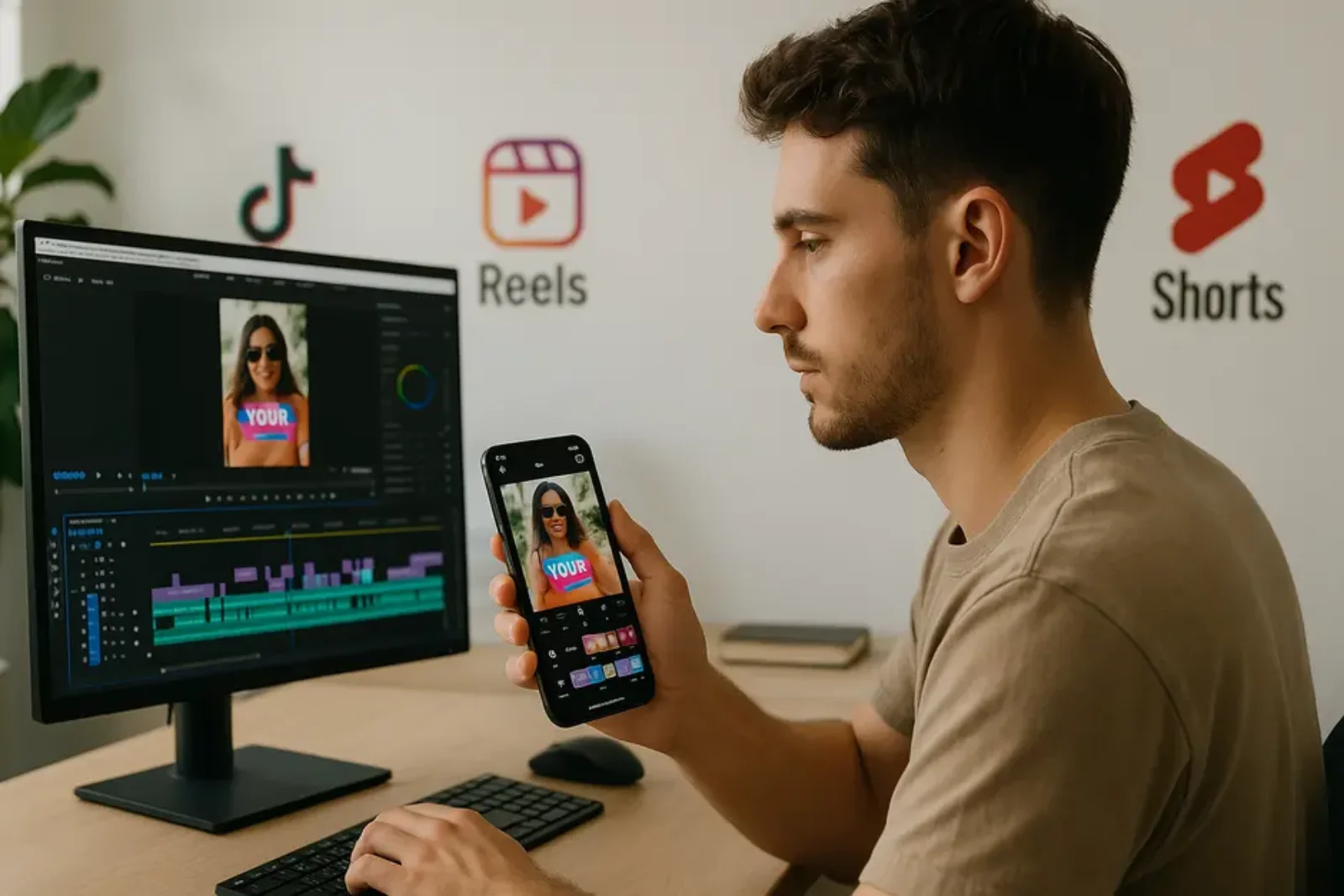 Young creator editing TikTok-style video on smartphone and Adobe Premiere on desktop in bright studio