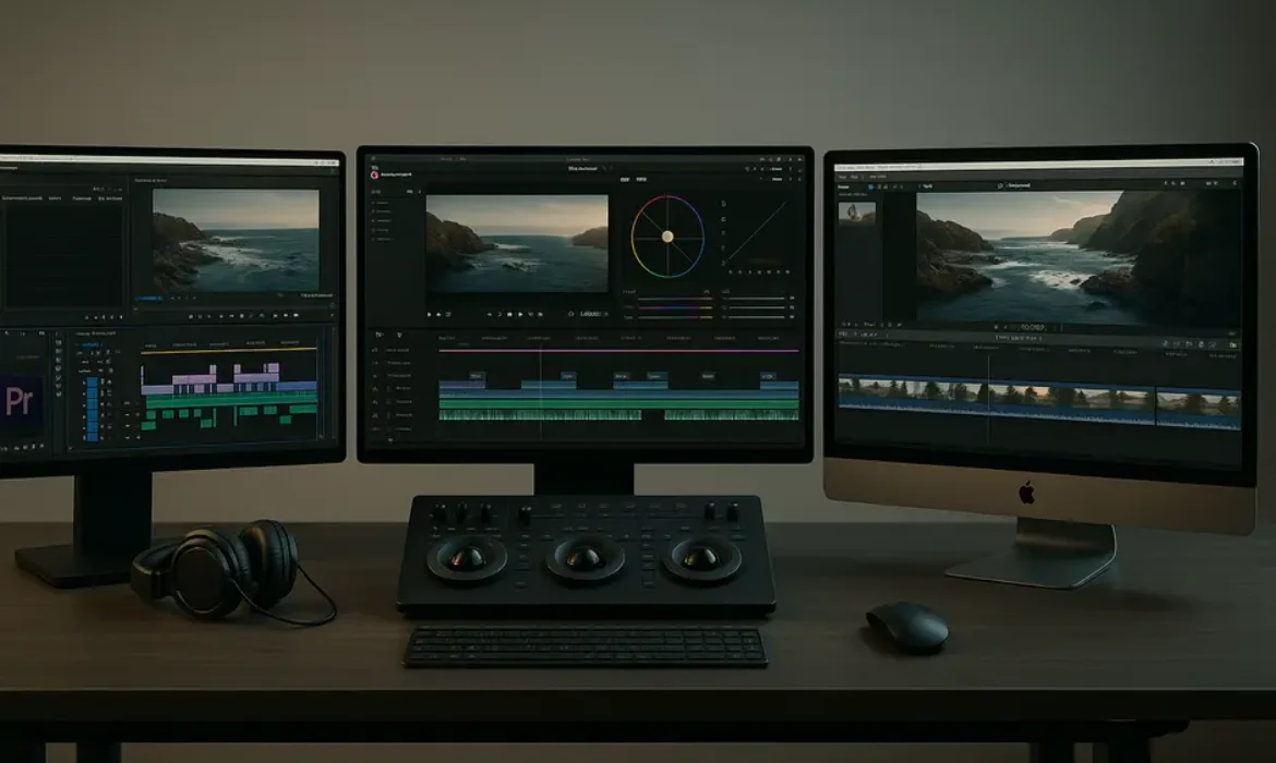 Three side-by-side monitors displaying Adobe Premiere Pro, DaVinci Resolve, and Final Cut Pro interfaces in a video editing studio.