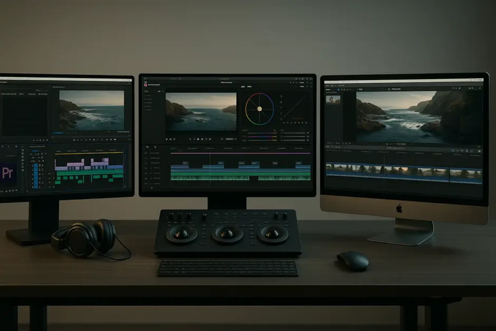 Three side-by-side monitors displaying Adobe Premiere Pro, DaVinci Resolve, and Final Cut Pro interfaces in a video editing studio.