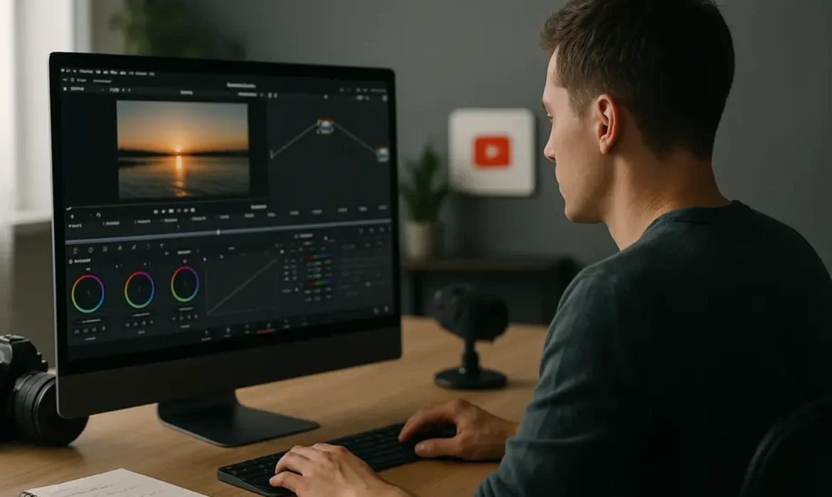 Modern workspace with DaVinci Resolve on screen, creator editing video, surrounded by gear and notes
