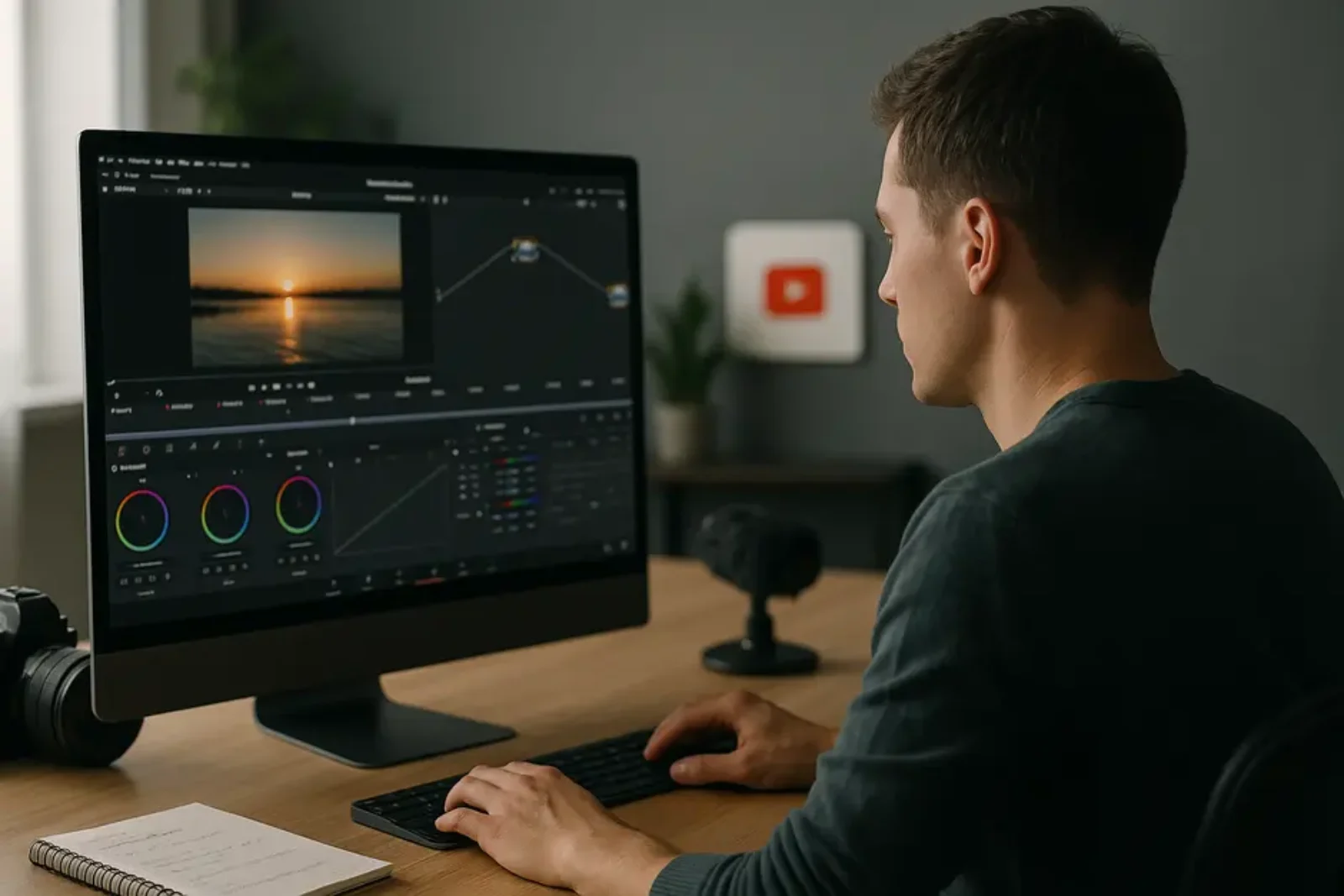 Modern workspace with DaVinci Resolve on screen, creator editing video, surrounded by gear and notes