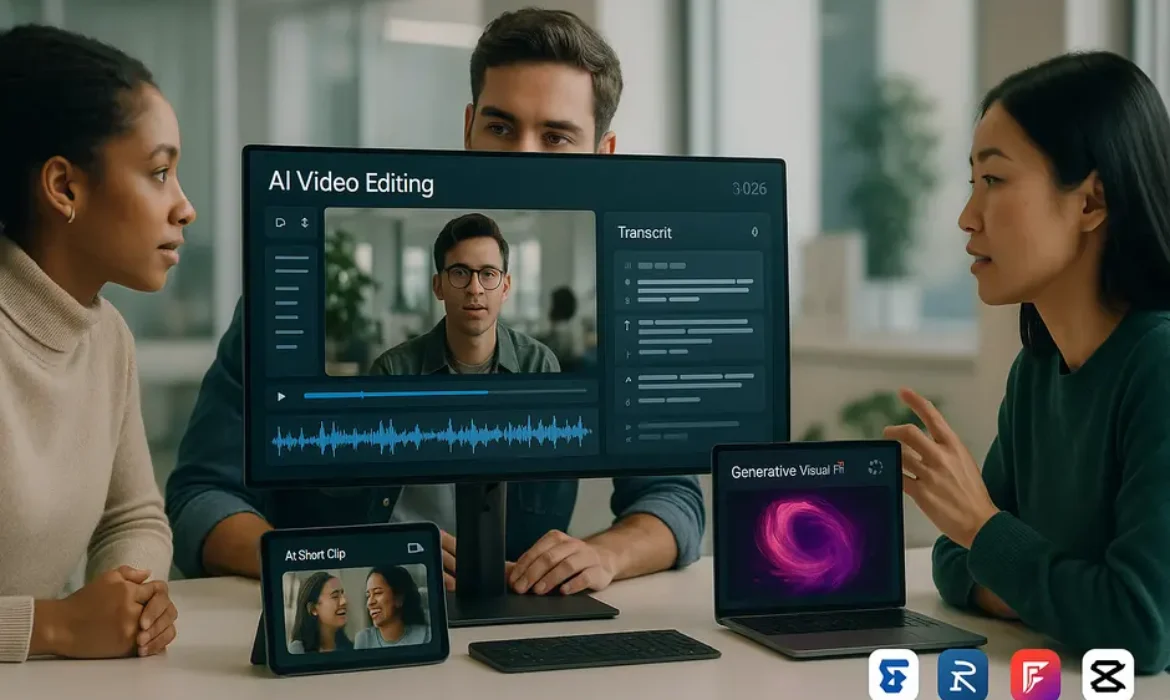 Modern digital workspace with AI video editing tools, multiple screens, and diverse creators collaborating.