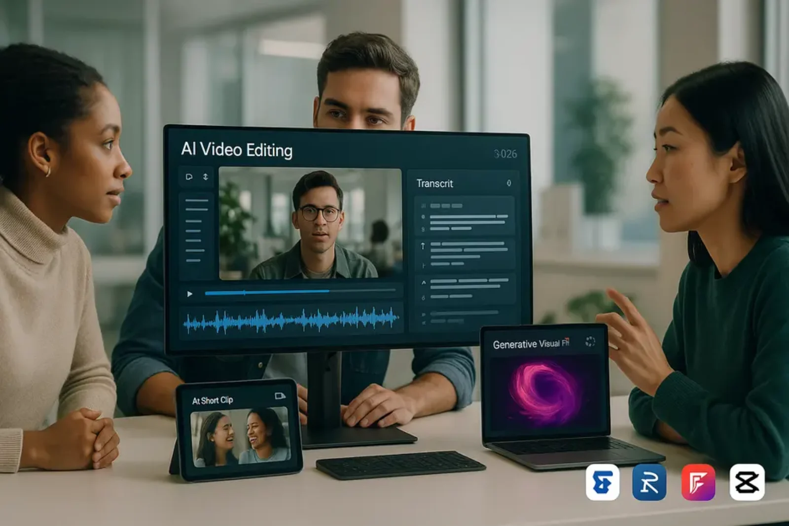 Modern digital workspace with AI video editing tools, multiple screens, and diverse creators collaborating.