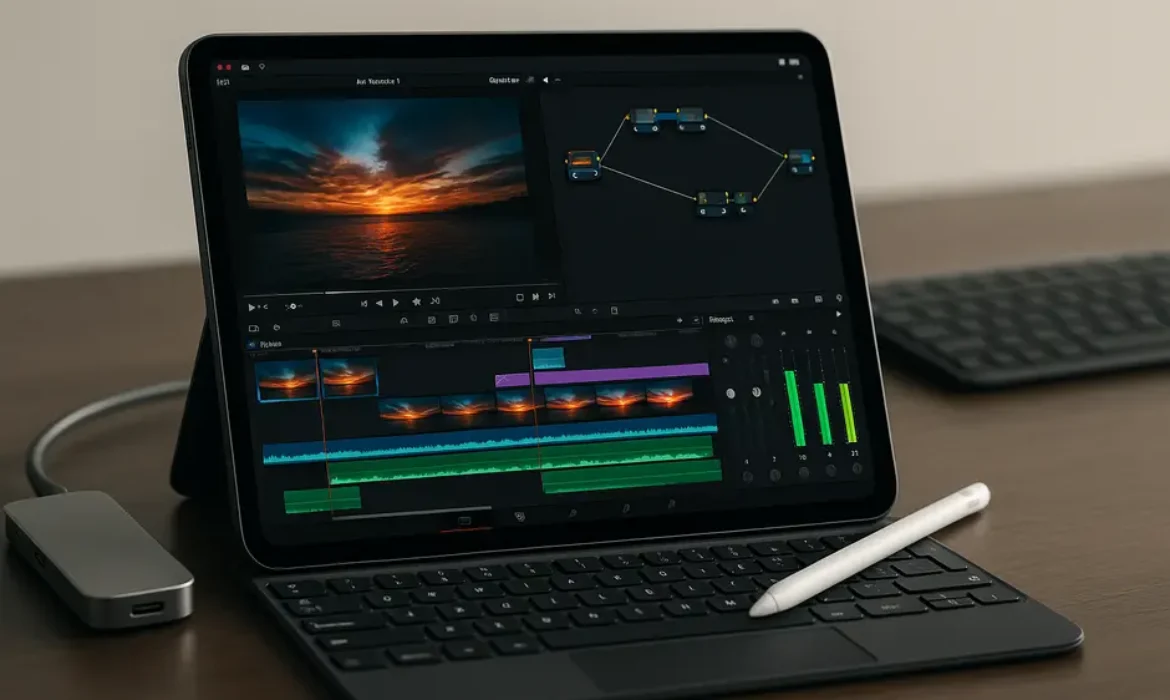 Sleek iPad Pro with Liquid Retina XDR display running advanced video editing software, Apple Pencil, USB-C hub, SSD, Magic Keyboard on desk.