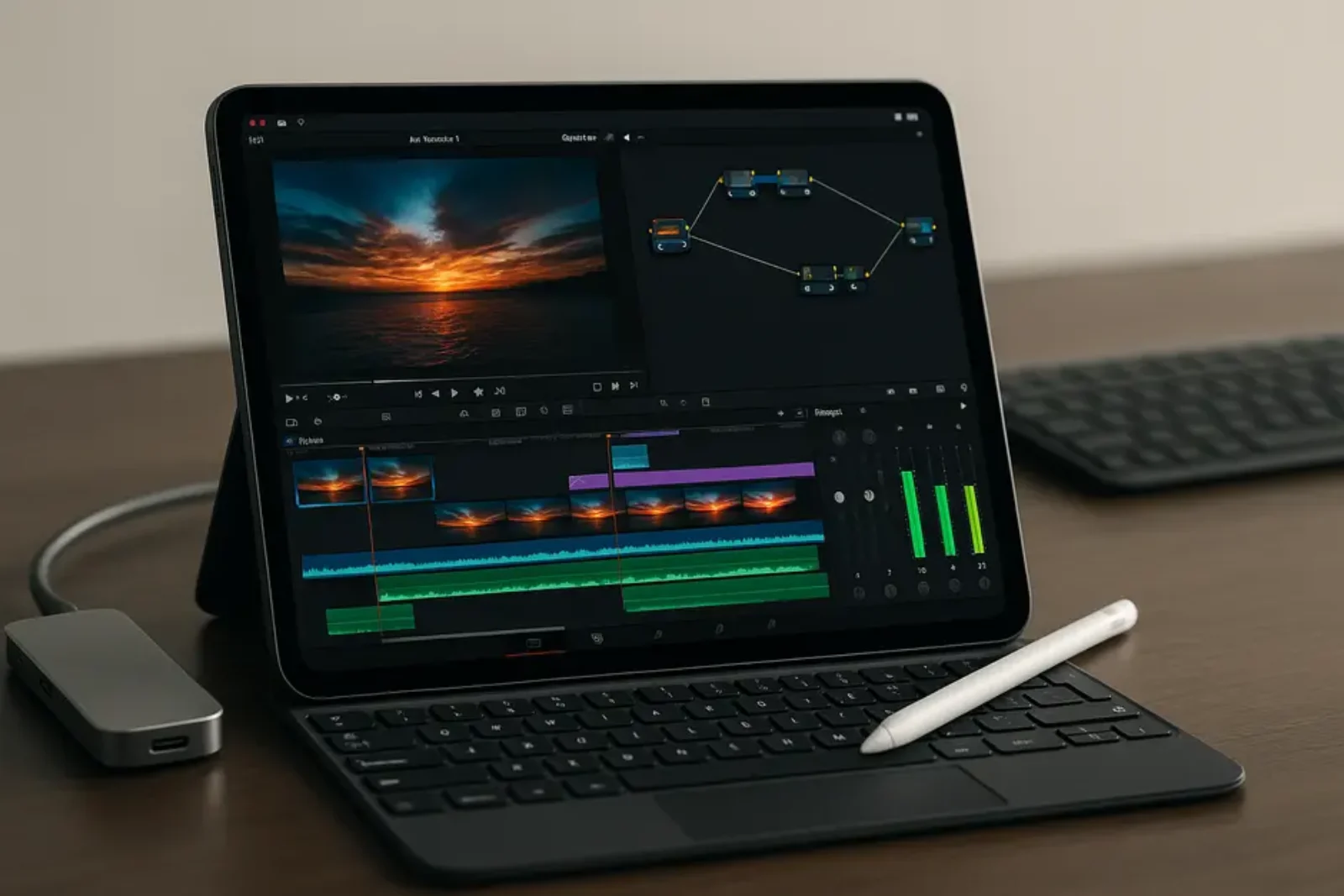 Sleek iPad Pro with Liquid Retina XDR display running advanced video editing software, Apple Pencil, USB-C hub, SSD, Magic Keyboard on desk.