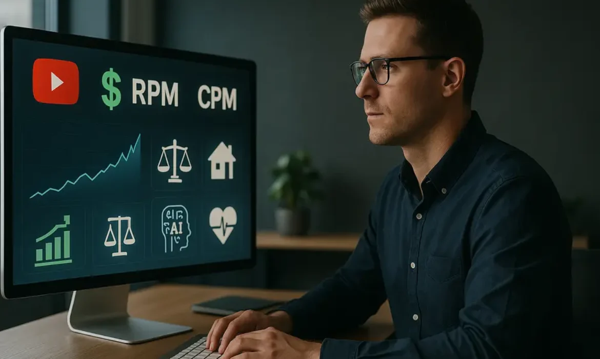 Confident content creator analyzing YouTube monetization data with symbols of top 2026 niches around.