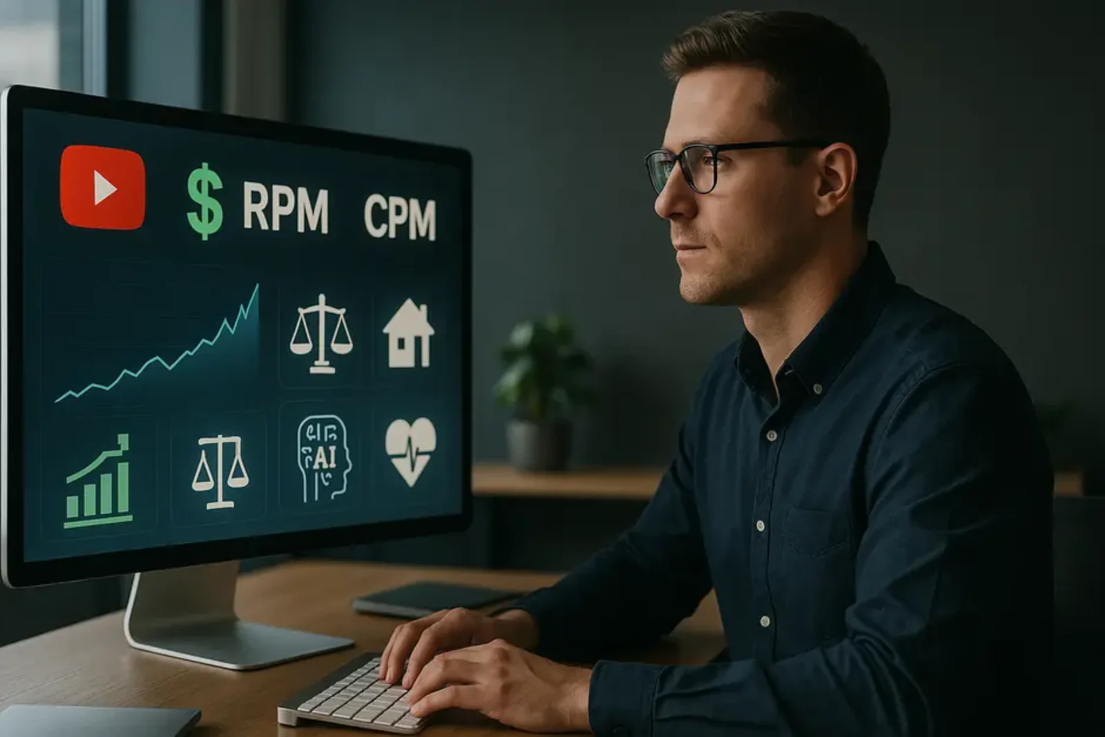 Confident content creator analyzing YouTube monetization data with symbols of top 2026 niches around.
