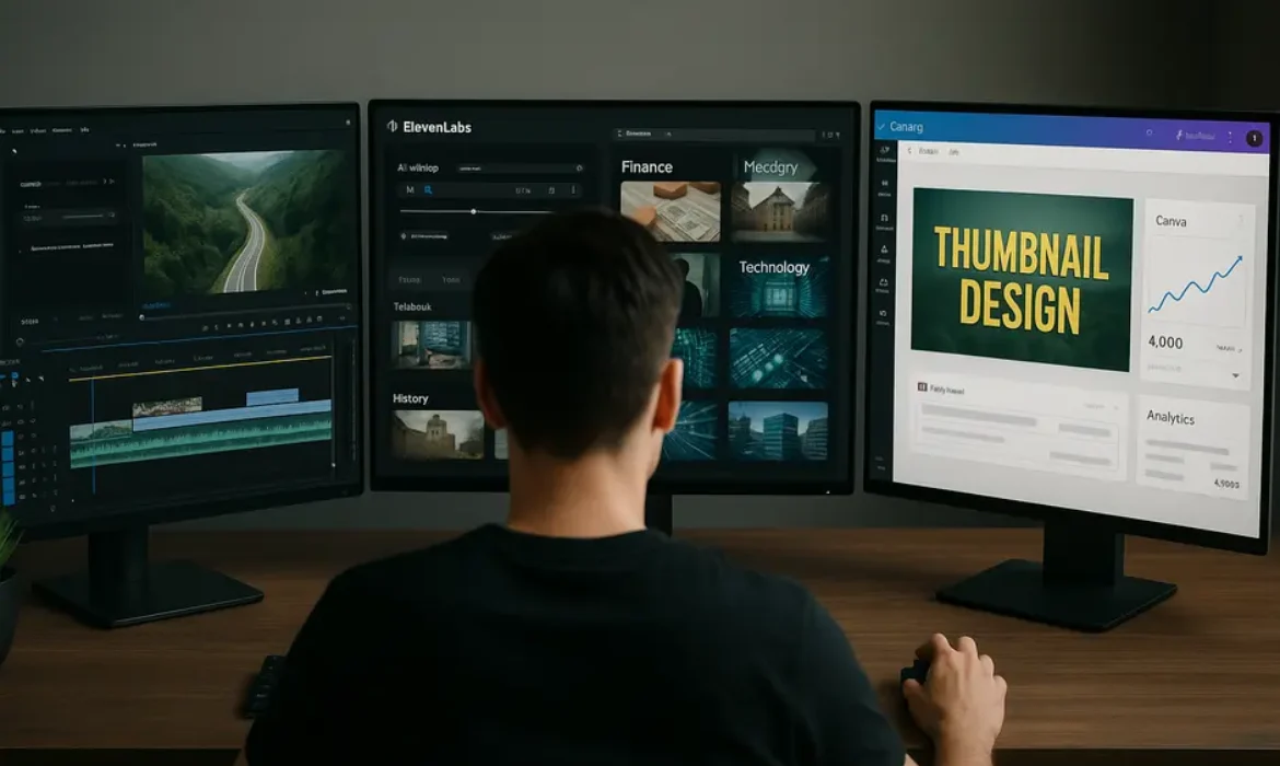 Digital workspace with multiple screens showing video editing, AI voiceover, stock clips, Canva, and analytics charts.