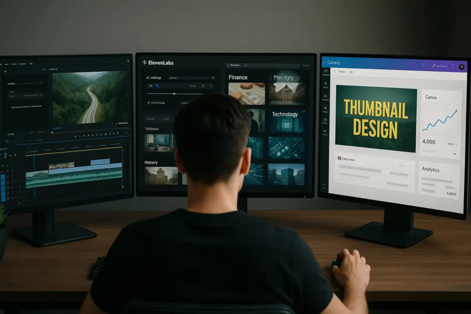 Digital workspace with multiple screens showing video editing, AI voiceover, stock clips, Canva, and analytics charts.