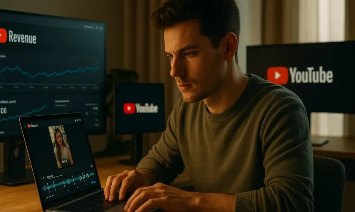 Digital creator editing YouTube Shorts on laptop with multiple screens showing analytics and revenue graphs