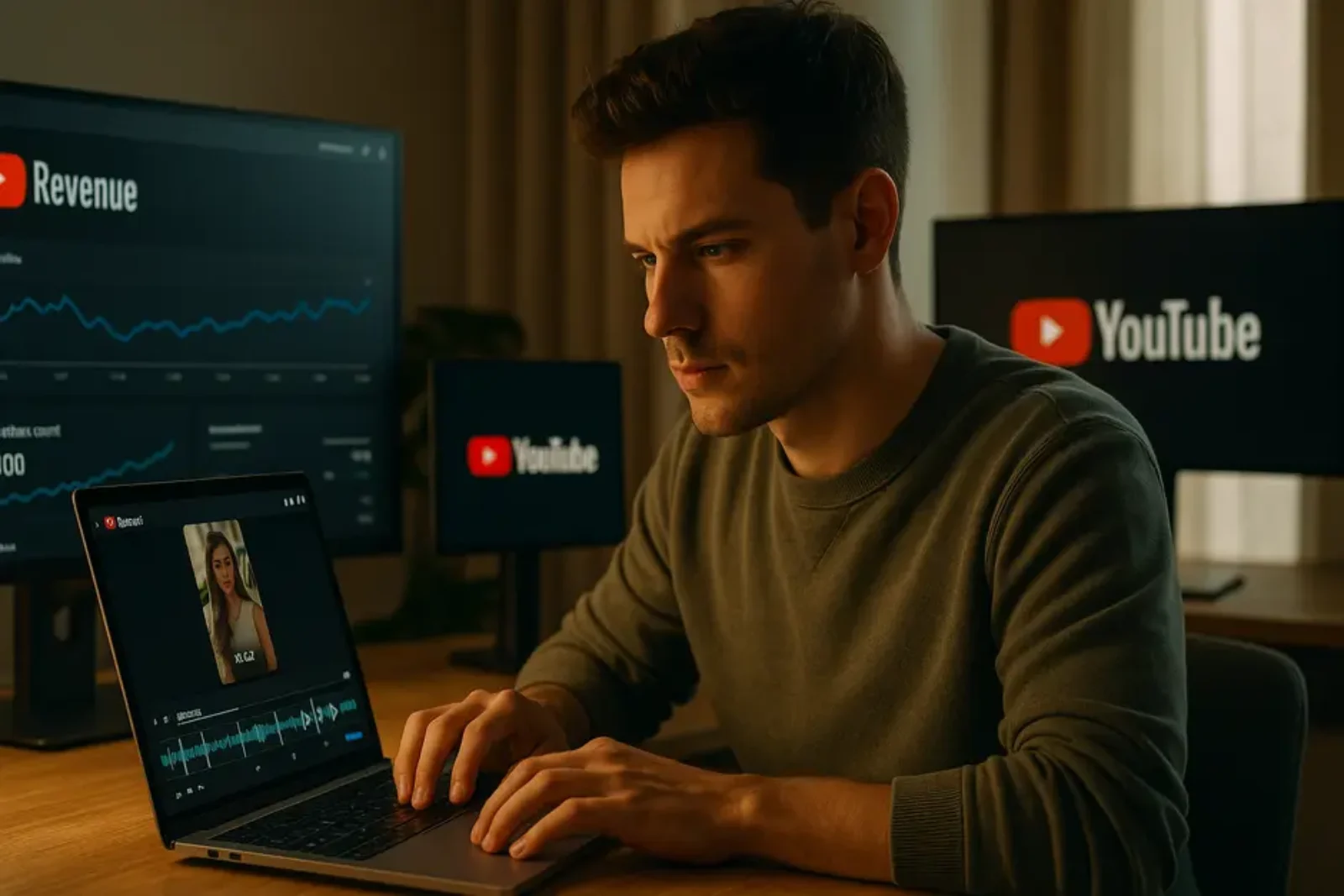 Digital creator editing YouTube Shorts on laptop with multiple screens showing analytics and revenue graphs