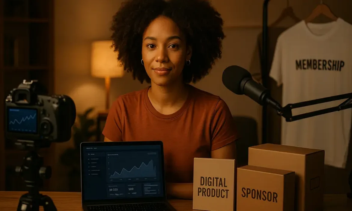 Confident small YouTube creator in cozy studio with laptop, camera, merchandise, and marketing materials.