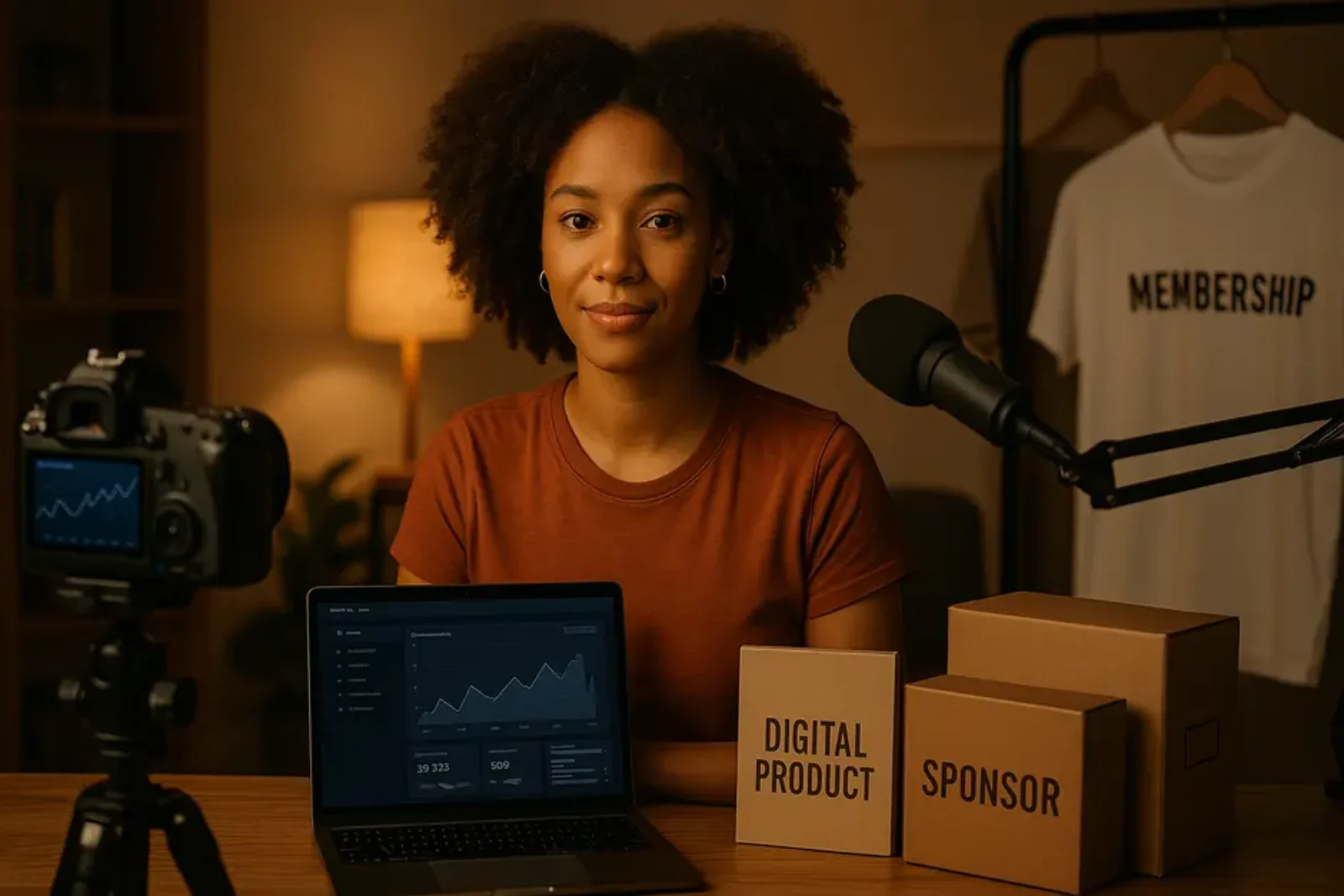 Confident small YouTube creator in cozy studio with laptop, camera, merchandise, and marketing materials.